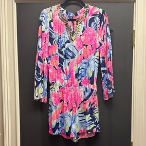 Lilly Pulitzer Ariele Romper in print High Tide Navy Tropicolada